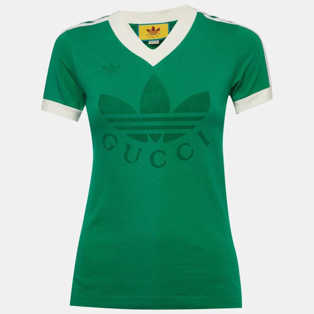 Gucci X Adidas Green Logo Print Jersey V-Neck T-Shirt Xxs